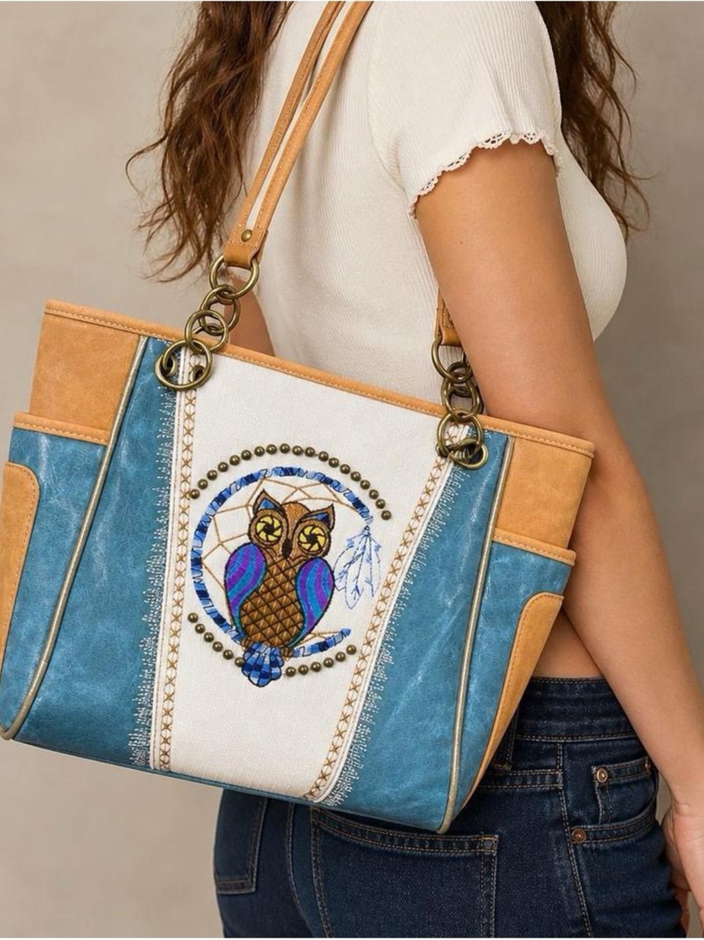 Blue and Tan Owl Embroidered Tote Shoulder Bag Western Y2K bag New